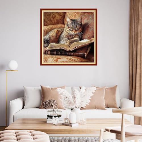 Fanxvivy Stamped Cross Stitch Kits for Beginners Full Range of Cross Stitching Preprinted Embroidery Kits for Adults, 11CT Embroidery Pattern Needlepoint Kits-A cat Reading with Glasses 18x18 inch - color: Artdesign43