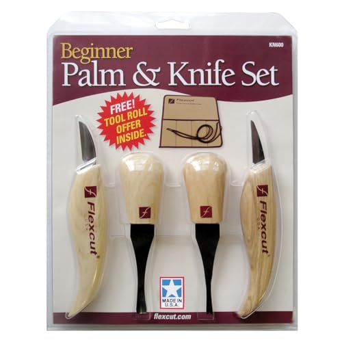 Flexcut Wood Carving Tools| Beginner Palm & Knife Set | 1095 High Carbon Steel Blades| Ergonomic Ashwood Handles | KN600 | Made in the U.S.A. - style: Beginner Palm & Knife Set