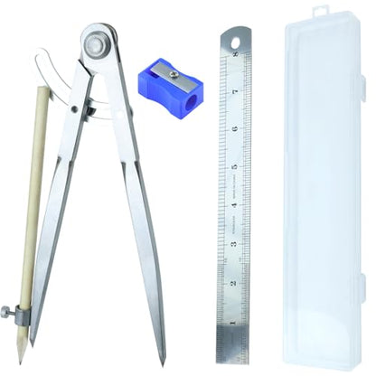 8-Inch Professional Woodworking Compass Geometry with Wing & Pencil Holder — Includes 8" Ruler and Pencil Sharpener Perfect for Accurate Circles, Layouts, and Geometric Designs