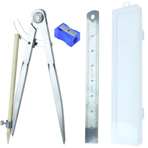 8-Inch Professional Woodworking Compass Geometry with Wing & Pencil Holder — Includes 8" Ruler and Pencil Sharpener Perfect for Accurate Circles, Layouts, and Geometric Designs