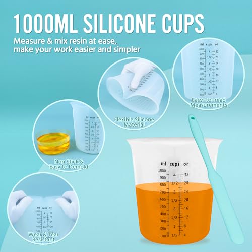 Silicone Resin Mixing 1L Measuring Cup Set for Resin Supplies, Easy-to-Read Marks, 1000ml/32oz Large Cup, Thickened Reusable Silicone Cups for Epoxy Mixing, Jewelry Making - size: 1*1000ml (Black Marks)