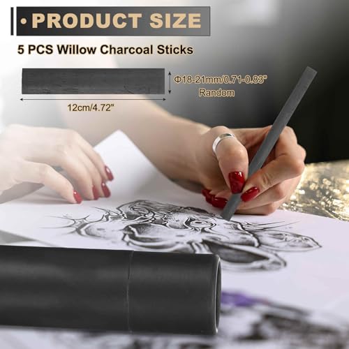 MECCANIXITY Willow Charcoal Sticks, 18-21mm Willow Charcoal Pencils Soft Sketch Vine Art Supplies Set for Drawing Sketching Shading Painting Artists Beginners (Black, Pack of 5)