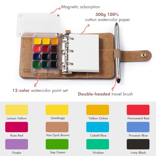 Fuumuui Mini Watercolor Travel Set, 12-Color Watercolor Paints Kit & 100% Cotton Cold Press 300gsm with Dual-Tip Brush – Plein Air Painting Supplies for Artists, Beginners, Journaling - size: Samll