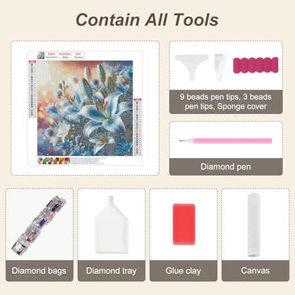 Anuver Diamond Painting Kits for Adults Lily Flower, 5D Round Diamond Art Kits for Beginners, DIY Full Drill Crystal Gem Painting Kits for Home Wall Decor 12x12Inch