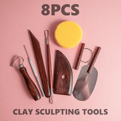 8PCS Stained Wooden Pottery Sculpting Tools, Wood Clay Cleaning Tool Set, Ceramic Modeling Tool for Carving, Molding, Cutting, Trimming, Pottery Wheel, Crafting, Beginners, Adults, Students - color: Stained Wood