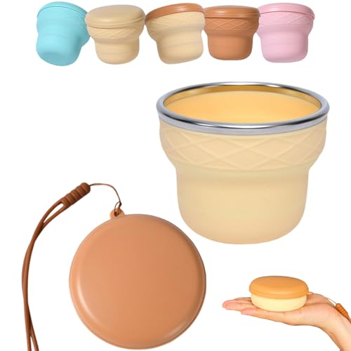 Collapsible Travel Cup 7oz Silicone Foldable Water Cup, Cute Ice Cream Cone Shape, Macaron Colors, BPA-Free with Lid - Portable Drinking Cup for Camping, Hiking & Outdoor Travel (Pudding Color) - color: Pudding Color