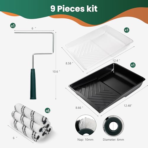 9 Pcs 6 Inch Microfiber Paint Roller Kit | 6 Pcs Microfiber Sleeves with 3/8 Inch Nap, Sturdy Roller Frame, Paint Tray & Liner Included, for Walls, Ceilings & Furniture - size: 6 Inch Paint Roller Kit, 9pcs