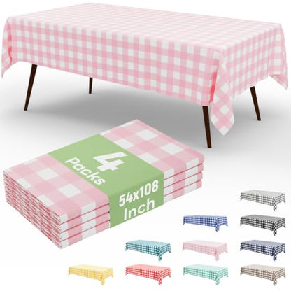 4 Packs Buffalo Disposable Table Cloth, 54 x 108 Inch Waterproof Plastic Tablecloth, Rectangle Pink and White Checkered Table Covers for Picnic, Birthday, Party, Back to School - color: Pink and White, size: 54" x 108" - 4 Pack
