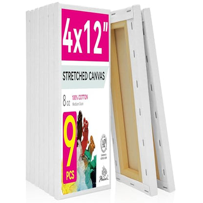 PHOENIX Skinny Stretched Canvas for Painting 4x12 Inch/9 Value Pack, 8 Oz Triple Primed 5/8 Inch Profile 100% Cotton White Blank Canvas, Rectangular Framed Canvas for Oil Acrylic & Pouring Art - size: 4"x12", style: Studio Set (8 Oz.)