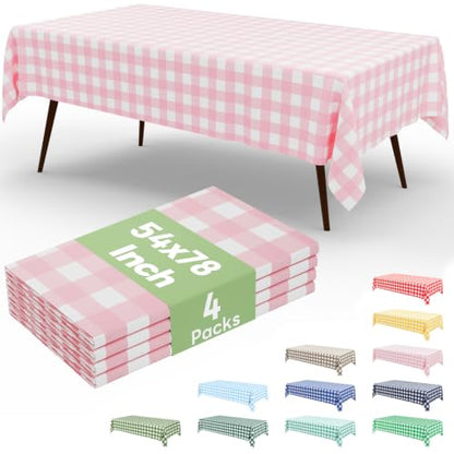 misaya 4 Packs 54 x 78 Inch Buffalo Disposable Table Cloth, Waterproof Plastic Tablecloth, Rectangle Pink and White Checkered Table Covers for Picnic, Birthday, Party, Back to School - color: Pink and White, size: 54" X 78"