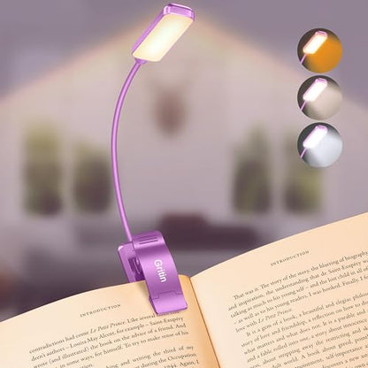 Gritin 9 LED Rechargeable Book Light for Reading in Bed | Eye Caring 3 Color Temps,Stepless Dimming Brightness,80 Hrs Runtime Small Lightweight Clip On Book Reading Light-Dark Purple - color: Dark Purple