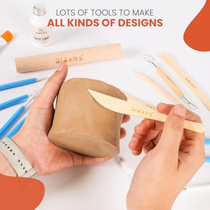 Wonks Air Dry Clay Pottery Kit for Adults & Kids - 30 Piece Kit - Acrylic Paint & Sculpting Tools Included - Carving Tools, Sponge & More - A Complete Beginners Pottery Set - 2KGs of Clay Included