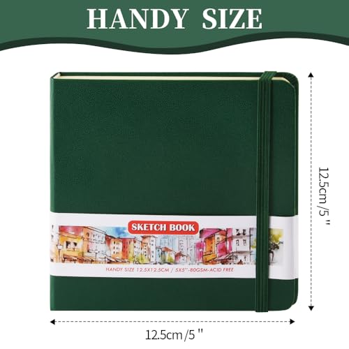 5x5 Pocket Sketch Book,80gsm Hardcover Art Sketchbook for Drawing Journal | PU Cover,Blank Paper,96Sheets/192Pages,Lay-Flat,Portable Travel Creation Paint Diary Memo Planner,Dry Media.Dark Green - color: PU Cover-5x5in-Dark Green