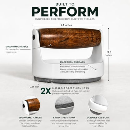 Leoball® Block/Gel Printing Baren– with 3 Layer Tech: Soft Foam Layer Covered in Smooth Nitex Nylon Along with Smooth-Glide Plastic Film. Features Comfortable Wooden Handle. Pro Baren - 4 inches