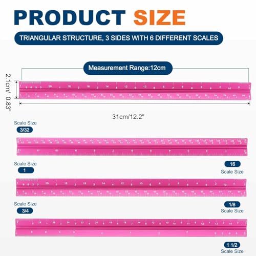 HARFINGTON Architectural Scale Ruler, 12 Inch Standard Aluminum Alloy Architect Triangular Small Scale Laser-Etched Blueprint Drafting Ruler for Architects Engineers, Rose Red - color: Rose Red, size: 12 Inch