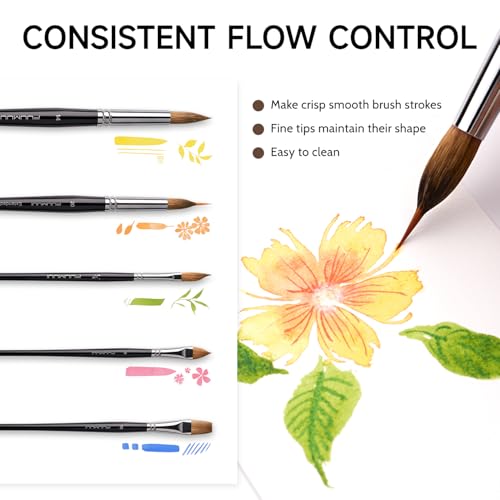 Watercolor Brush Set, Fuumuui 7pcs Professional Sable Paint Brushes with Extended Needle, Round Point, Flat, Dagger, Cat's Tongue for Watercolor, Acrylic, Gouache – Detail & Wash Painting - color: Black7