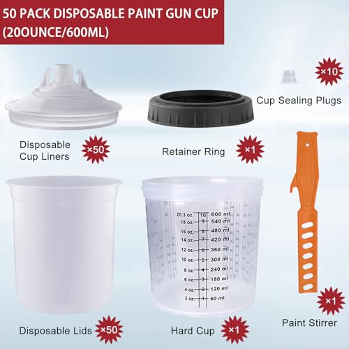 Disposable Paint Sprayer Gun Cup 20 Ounce(600ML) Kit with 50 Cups and Lids System, 1 Hard Cup with Retainer Ring, 10 Plugs and 1 Paint Stirrer for Automotive Commercial Coatings - size: 20 Ounce Kit-50PCS