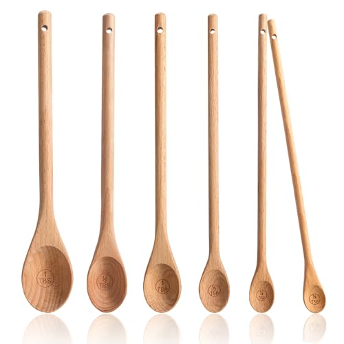 Wooden Measuring Spoons Set of 6, 10 inch, Long Handle | Beechwood, 1/8 TSP, 1/4 TSP, 1/2 TSP, 1 TSP, 1/2 tbsp & 1 tbsp, For Measuring Dry Ingredients, For Cooking Baking - style: B - Long Handle Measuring spoons 6pcs