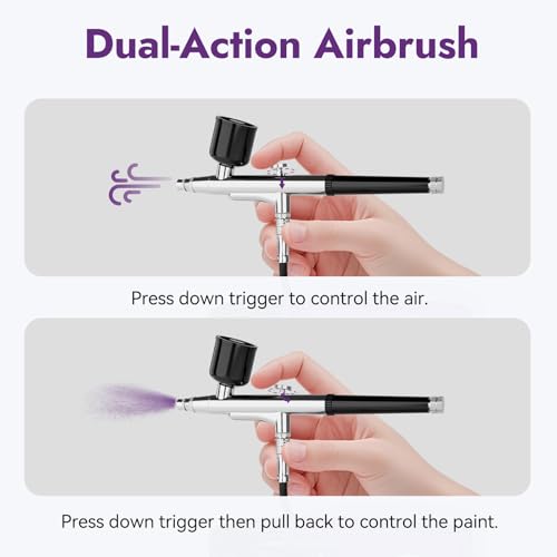 50PSI Dual Action Airbrush Kit with Compressor 0.2/0.4/0.5mm Nozzle Set | Non-clogging with 0.2/0.4/0.5mm nozzles & cleaning set. Dual-action brush for cake decor, makeup, nails & DIY – versatile!