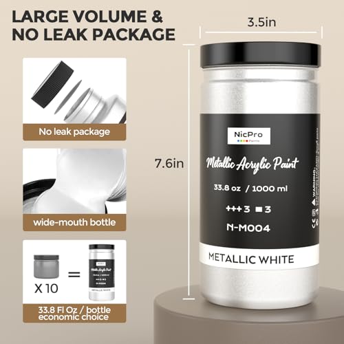 Nicpro Metallic Pearl White Acrylic Paint, 33.8oz/1000m Large Craft Paint | Non Toxic Non Fading Pearlescent White Paint for Metal Wood Clay Fabric Canvas Ceramic Furniture Handcraft Art Supplies - color: Pearl White, size: 33.8 Fl Oz (Pack of 1)