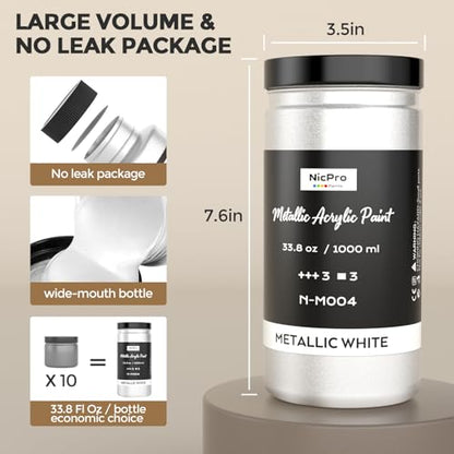Nicpro Metallic Pearl White Acrylic Paint, 33.8oz/1000m Large Craft Paint | Non Toxic Non Fading Pearlescent White Paint for Metal Wood Clay Fabric Canvas Ceramic Furniture Handcraft Art Supplies - color: Pearl White, size: 33.8 Fl Oz (Pack of 1)