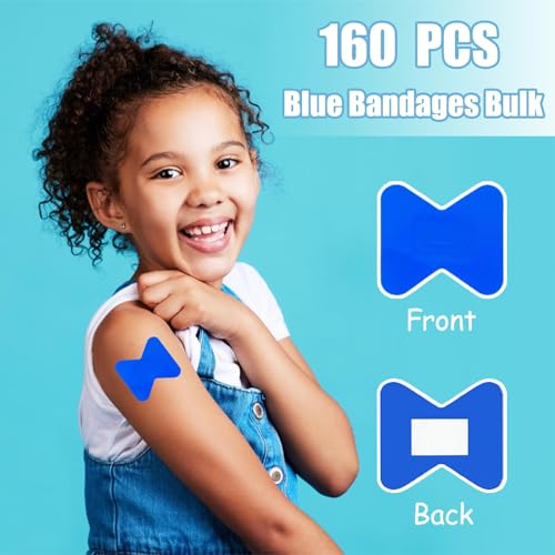 160 Pcs Food Service Blue Bandages, Detectable Waterproof Adhesive Blue Bandages with Quilt-Aid Pad for Catering First Aid and Wound Care Supplies (1.75" X 2",Butterfly)