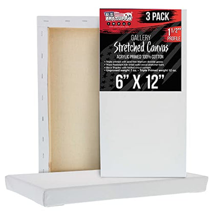 U.S. Art Supply Long Stretched Canvas for Painting 6x12 inch Gallery Depth 1-1/2" Thick, 3-Pack - 12oz Acrylic Gesso Triple Primed, Professional Artist Quality, 100% Cotton - Pouring, Oil Paint - size: 6" x 12"