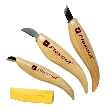 FLEXCUT Wood Carving Knives | Chip Carving Set | 1095 High Carbon Steel Blades | Ergonomic Ashwood Handle | Set of 3 Woodcarving Tools | KN115 | Made in the U.S.A. - style: Chip Carving Set