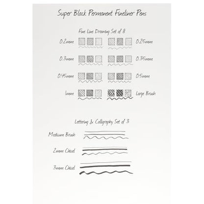 Creative Mark Ultimate Fine Line Drawing Pens Super Black, Permanent, Waterproof, & Acid-Free Assorted Tips and Large Brush Pen - [Fineliners and Sketch Set of 8]
