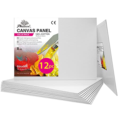 PHOENIX Small Painting Canvas Panels 6x8 Inch, 12 Value Pack - 8 Oz Triple Primed 100% Cotton Acid Free Canvas Boards for Painting, White Blank Flat Canvas Boards for Acrylic, Oil Paints - color: White, size: 6" x 8"