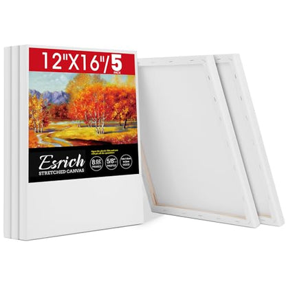 ESRICH 12x16 Stretched Canvas for Painting, 5 Pack Blank Canvases for Painting -5/8 in Profile Primed Cotton Painting Canvas for Oil & Acrylic Paint - size: 5Pack-12x16 Canvas