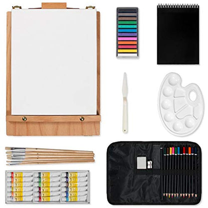 Kuyal Art Kit, 45 Piece Wooden Paint Set Crafts Drawing Painting Kit with Box Easel and 18 Acrylic Oil Paint Colors, 12 Color Pencil Etc. for Teens Adults Artist, Art Supplies