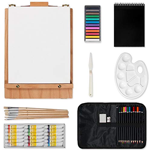 Kuyal Art Kit, 45 Piece Wooden Paint Set Crafts Drawing Painting Kit with Box Easel and 18 Acrylic Oil Paint Colors, 12 Color Pencil Etc. for Teens Adults Artist, Art Supplies