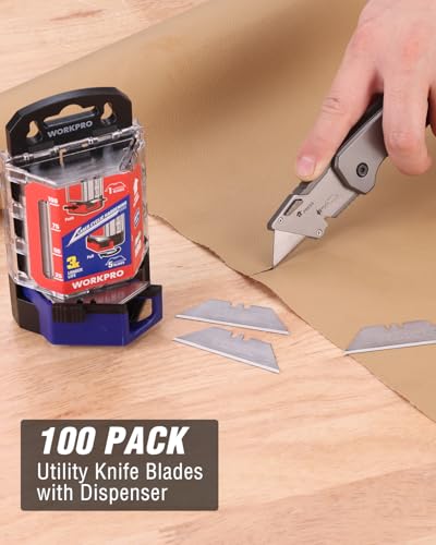 WORKPRO Utility Knife Blades 100-Pack | SK2M Steel Ultra Sharp Razor Blades with Dispenser, Replacement Blades for Box Cutters, Fits Most Standard Utility Knives - style: Standard
