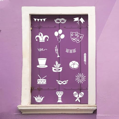FINGERINSPIRE 4PCS Mardi Gras Painting Stencil 7.9x7.9inch Large Drums Balloons Colorful Ribbons Drawing Template Musical Instruments Flags Stencil for Painting Reusable Mardi Gras Words Template - color: Mardi Gras