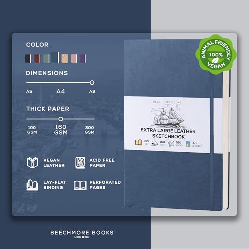 Beechmore Books A3 11.7x16.5 Mixed Media Sketchbook 160 GSM/98lb, Gift Box | Hardcover Drawing Pad with Lay-Flat Binding, Extra Large Perforated Ivory Paper for Studio Drawing & Watercolor Work - color: Symphony Blue, size: A3 - 11.7" x 16.5" Extra Large