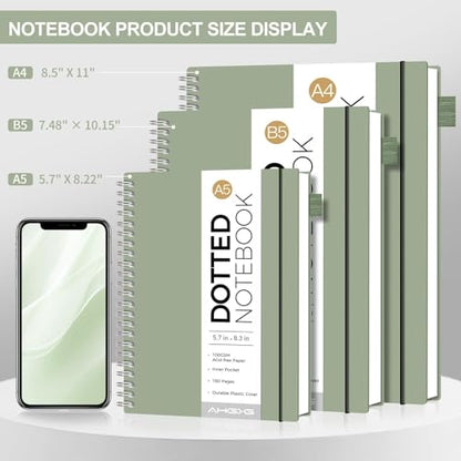 AHGXG Dotted Journal, Grid Spiral Notebook, 140 Pages, B5 (7.6" x 10") | 100 GSM Thick Dot Paper, Waterproof Plastic Cover Journals for Journaling, Sketching (Sage Green) - color: Sage Green, style: B5-Dotted