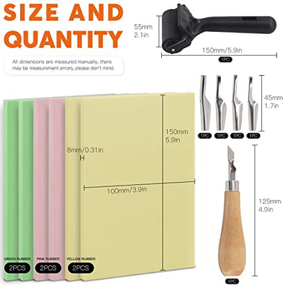 13Pcs Rubber Stamp Making Kit with Stamp Block, Rubber Brayer Roller,Rubber and Wood Carving Cutting Tool, Block Printing Starter Tool Kit for Inking Blocks Carving and Printmaking