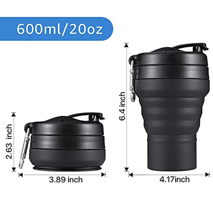 Collapsible Cup for Traveling, 20 OZ 600ml Large Silicone Folding Camping Mug, Leak Proof BPA Free Portable Reusable Bottle for Coffee, Tea, Water, Camping, Hiking, Outdoor (Black) - size: 20 Ounces