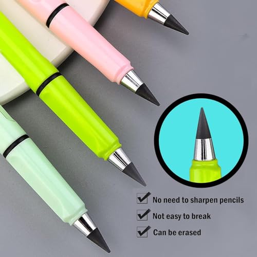 6 Sets Everlasting Pencil, Infinity Pen, NO-Sharpening Pencils for Writing Drawing Students Sustainable for Home Office School Supplies (6 Pens + 6 Erasers + 6 Replaceable Nibs) - color: Colorful