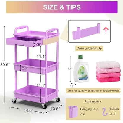 Goovilla 3 Tier Rolling Utility Cart Organizer with Removable Drawer,Purple | Stable and Sturdy Rolling Storage Carts with 2 Lockable Wheels for Bathroom, Kitchen, Snack, Craft, Makeup, Baby Essentials - size: 3 Tier, style: Purple