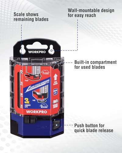 WORKPRO Utility Knife Blades 100-Pack | SK2M Steel Ultra Sharp Razor Blades with Dispenser, Replacement Blades for Box Cutters, Fits Most Standard Utility Knives - style: Standard