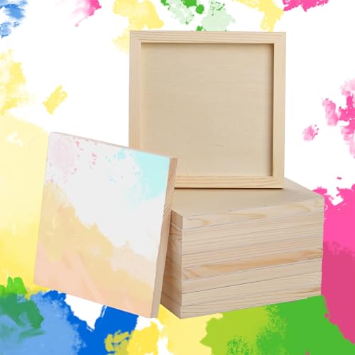 10 Pack Unfinished Wood Panels, 8 x 8 Inches Birch Wooden Cradled Painting Panel Canvas Boards for Watercolor, Arts and DIY Crafts, Easel Display, Use with Oils, Acrylics