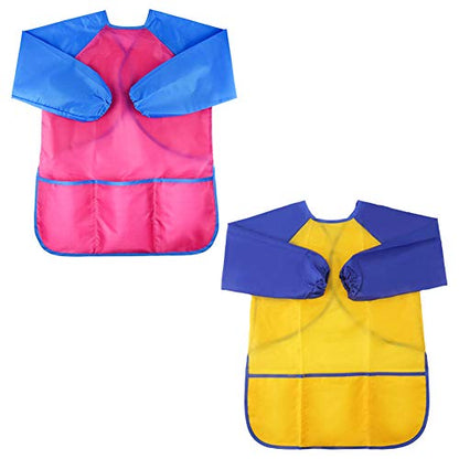 Zkptops 2 Pack Kids Art Smock Colorful Waterproof Children Art Aprons Artist Painting Aprons with Long Sleeve 3 Roomy Pockets for Age 3-7 Years,Yellow and Pink - color: 2 Pack Pink/Yellow