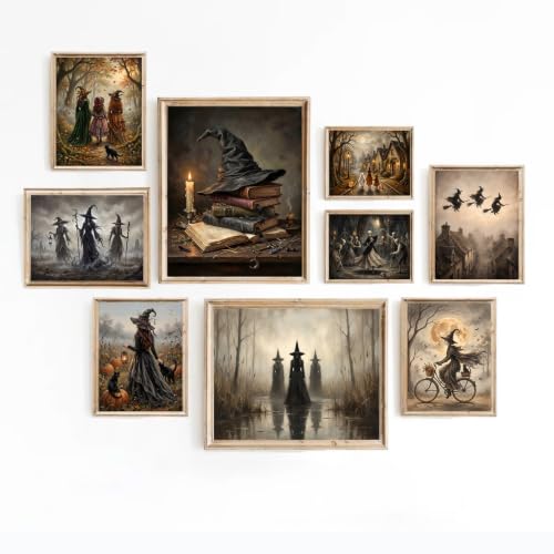 KBKBART Halloween Witchy Gothic Wall Art Dark Aesthetic Posters Prints 9pc | Halloween Wall Art Canvas Prints Unframed, Dark Academia Wall Decor Painting, for Gallery Living Room Bedroom Office Decor - color: Witch