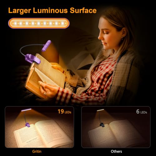 Gritin Rechargeable Book Light for Reading in Bed with 19 LED | Eye Caring 3 Color Temps, 5 Brightness Levels, Memory Function, 90 Hrs Runtime Flexible Goose Neck Clip on Light-Dark Purple - color: Dark Purple