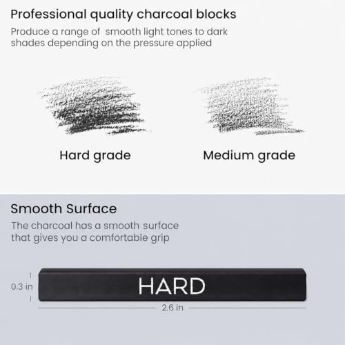 ARTEZA Compressed Charcoal Sticks Set of 16 – Medium and Hard Drawing Crayons for Sketching, Shading, Line Work in Charcoal Art and Figure Drawing | Deep Black Marks, Controlled Lines in Varied Thicknesses, Rich Layered Depth, For Sketching, Shading and F