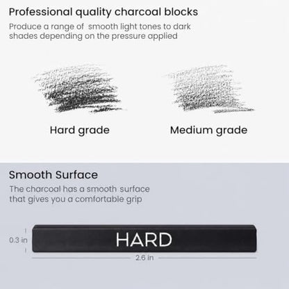 ARTEZA Compressed Charcoal Sticks Set of 16 – Medium and Hard Drawing Crayons for Sketching, Shading, Line Work in Charcoal Art and Figure Drawing | Deep Black Marks, Controlled Lines in Varied Thicknesses, Rich Layered Depth, For Sketching, Shading and F
