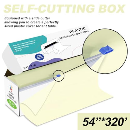 54IN X 320FT Plastic Table Cover Roll with Cutter Box, Cut to Size Plastic Table Cloths for Parties, Birthday, (Beige, 54"x3840"(Rectangular)) - color: Beige, size: 3840" x 54" (Rectangular)