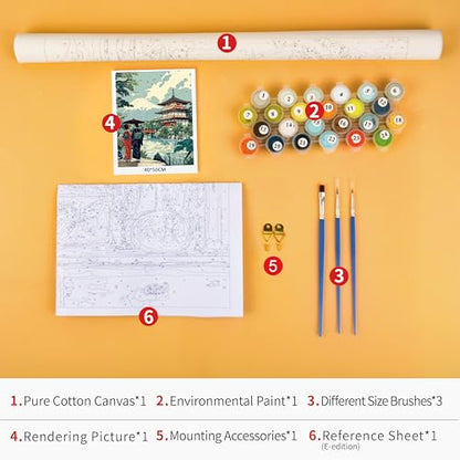 TUMOVO Japanese Paint by Number, Ukiyo-e Edo Period Landscape Canvas | Traditional Nature Scene, DIY Adult Paint by Numbers Kit, Cultural Wall Art, Relaxing Weekend Project, 16x20 Inches. - color: Japan Landscape